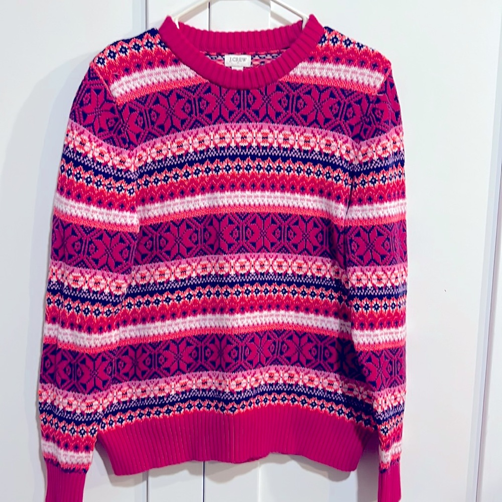J. Crew Magenta and Navy Fair Isle Crewneck Sweater